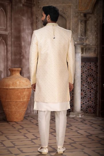 Appealing Cream Color Art Silk Fabric Readymade 3 Piece Indo Jacket Set