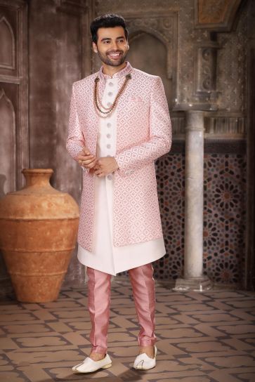 Engaging Pink Color Readymade Art Silk Fabric 3 Piece Indo Jacket Set