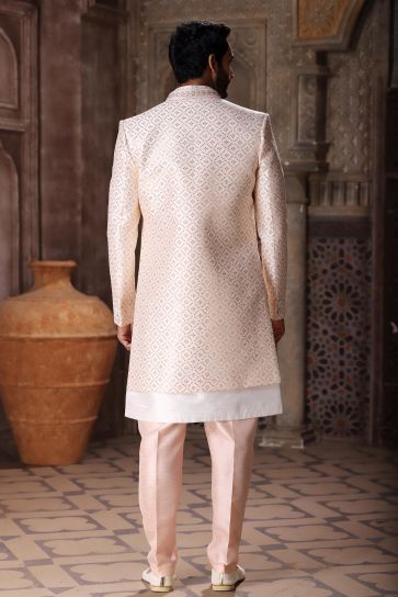 Captivating Art Silk Fabric Readymade Peach Color 3 Piece Indo Jacket Set