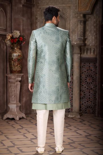 Fetching Art Silk Fabric Readymade 3 Piece Indo Jacket Set In Green Color