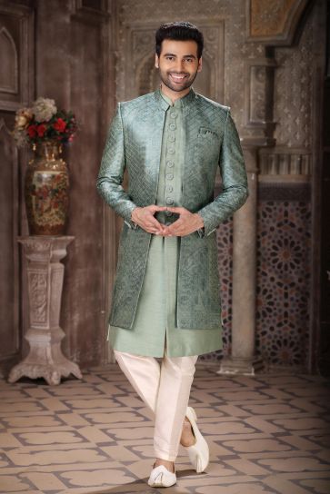 Fetching Art Silk Fabric Readymade 3 Piece Indo Jacket Set In Green Color