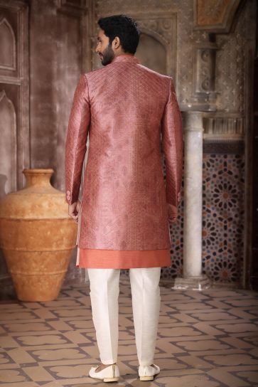 Stunning Rust Color Readymade 3 Piece Indo Jacket Set In Art Silk Fabric