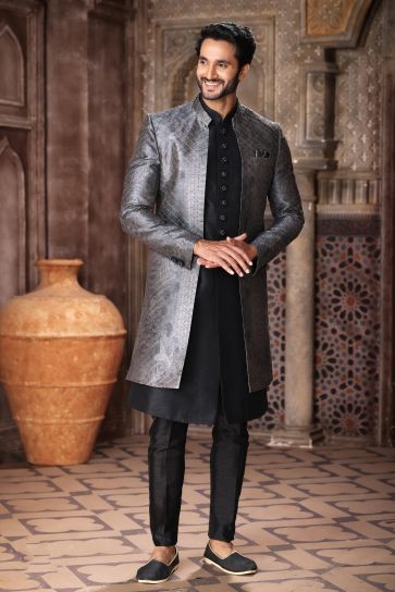 Vivacious Art Silk Fabric Readymade 3 Piece Indo Jacket Set In Black Color