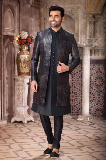 Blissful Black Color Art Silk Fabric 3 Piece Indo Jacket Set
