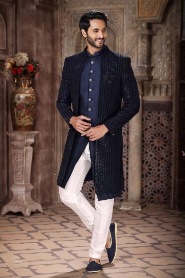 Attractive Navy Blue Color Readymade 3 Piece Indo Jacket Set In Art Silk Fabric