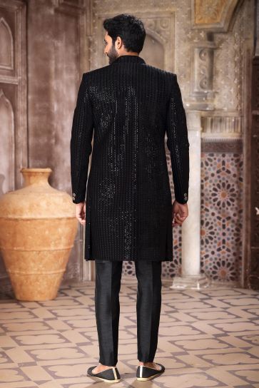 Enriching Black Color Readymade Art Silk Fabric 3 Piece Indo Jacket Set