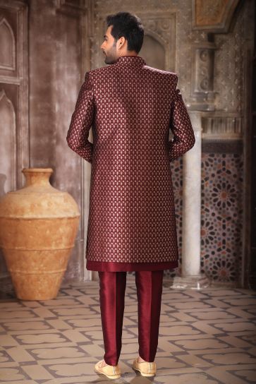 Splendiferous Maroon Color Art Silk Fabric 3 Piece Indo Jacket Set