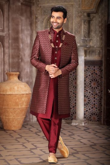 Splendiferous Maroon Color Art Silk Fabric 3 Piece Indo Jacket Set
