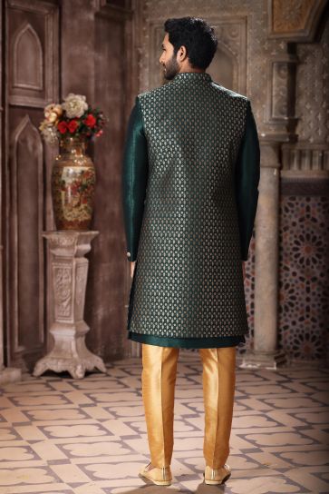 Fascinate Art Silk Fabric 3 Piece Indo Jacket Set In Dark Green Color