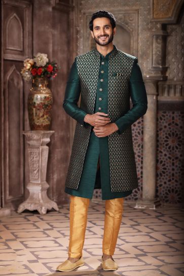 Fascinate Art Silk Fabric 3 Piece Indo Jacket Set In Dark Green Color