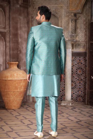 Remarkable Cyan Color Art Silk Fabric 3 Piece Indo Jacket Set