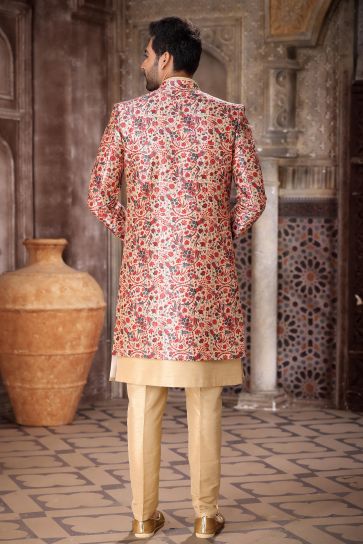 Sober Art Silk Fabric 3 Piece Indo Jacket Set In Beige Color