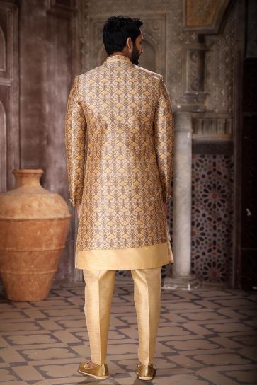 Graceful Beige Color Art Silk Fabric Readymade 3 Piece Indo Jacket Set