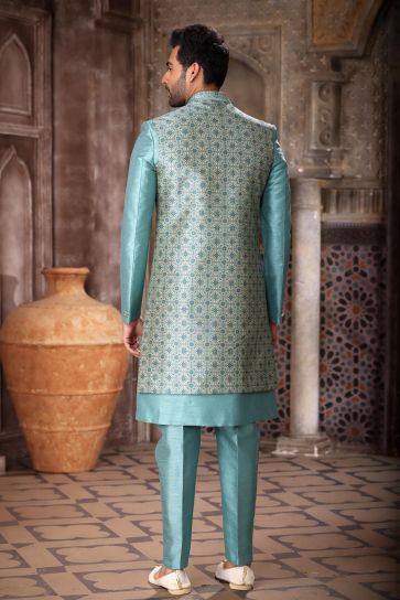 Trendy Textured Cyan Color Art Silk Fabric 3 Piece Indo Jacket Set