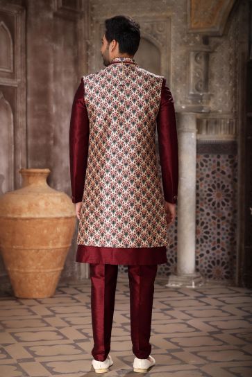 Engaging Maroon Color Art Silk Fabric Readymade 3 Piece Indo Jacket Set