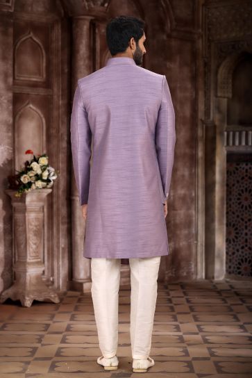 Elegant Art Silk Fabric Lavender Color Indo Western Sherwani