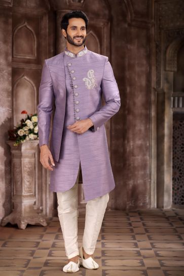 Elegant Art Silk Fabric Lavender Color Indo Western Sherwani