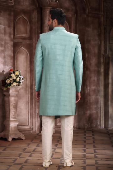 Traditional Sea Green Color Art Silk Fabric Indo Western Sherwani For Men
