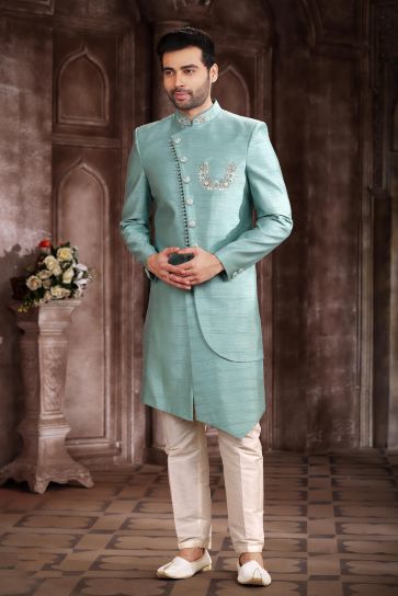 Traditional Sea Green Color Art Silk Fabric Indo Western Sherwani For Men