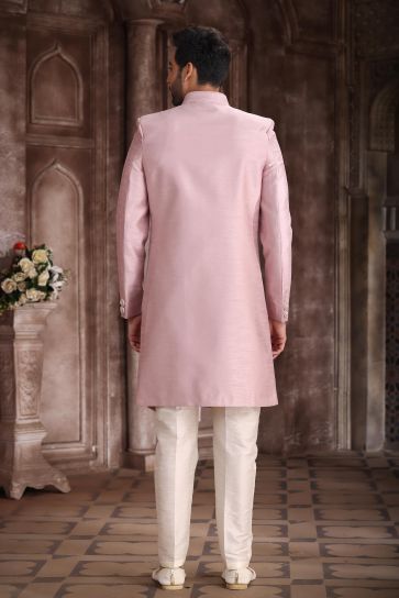 Stylish Art Silk Fabric Pink Color Indo Western Sherwani For Sangeet