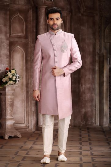 Stylish Art Silk Fabric Pink Color Indo Western Sherwani For Sangeet