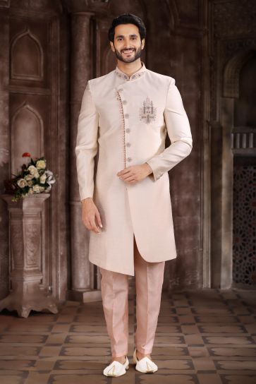 Contemporary Cream Color Art Silk Fabric Indo Western Sherwani For Men