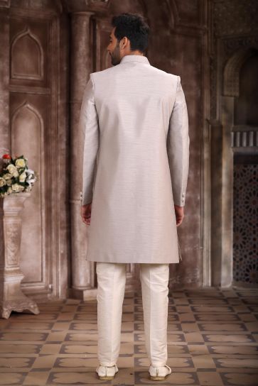 Vibrant Grey Color Art Silk Fabric Indo Western Sherwani For Sangeet