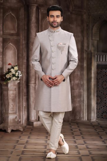 Vibrant Grey Color Art Silk Fabric Indo Western Sherwani For Sangeet