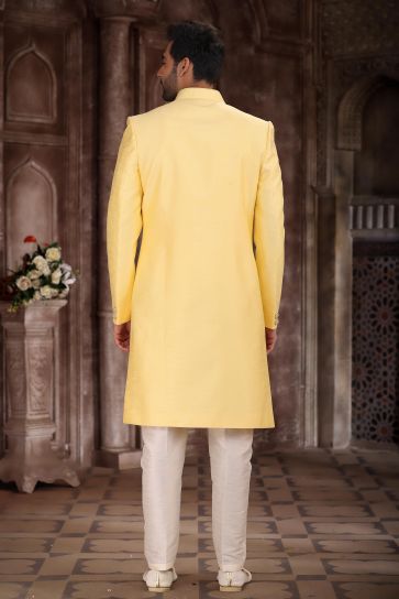 Artistic Art Silk Fabric Yellow Color Indo Western Sherwani For Sangeet