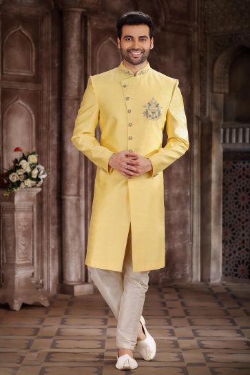 Artistic Art Silk Fabric Yellow Color Indo Western Sherwani For Sangeet