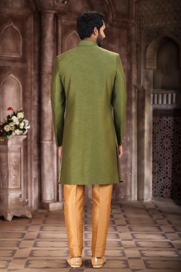 Classic Art Silk Fabric Green Color Indo Western Sherwani For Sangeet