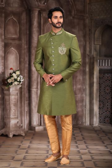 Classic Art Silk Fabric Green Color Indo Western Sherwani For Sangeet