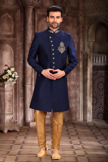 Essence of Tradition Art Silk Fabric Indo Western Sherwani In Navy Blue Color