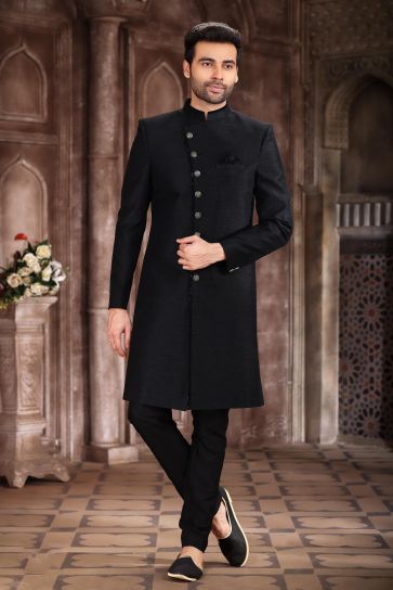 Art Silk Fabric Black Color Lavish Sangeet Wear Indo Western Sherwani