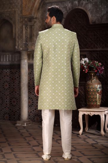 Green Color Banarasi Jacquard Fabric Special Readymade Indo Western For Men