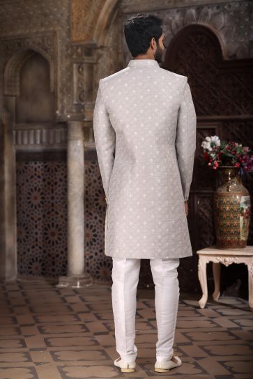 Banarasi Jacquard Fabric Grey Color Pleasance Readymade Indo Western For Men