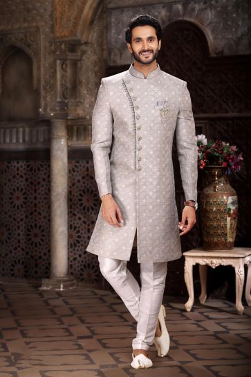 Banarasi Jacquard Fabric Grey Color Pleasance Readymade Indo Western For Men