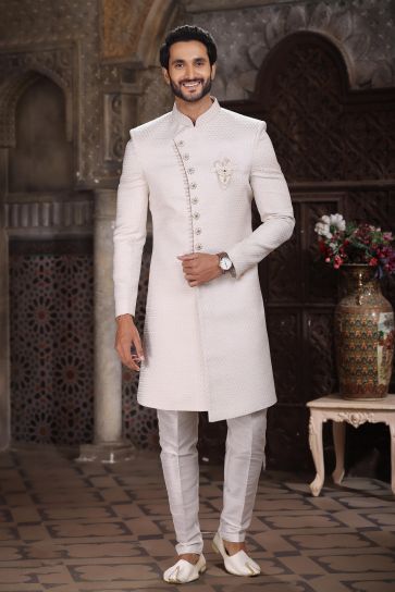Banarasi Jacquard Fabric Bewitching Readymade Indo Western For Men In Cream Color