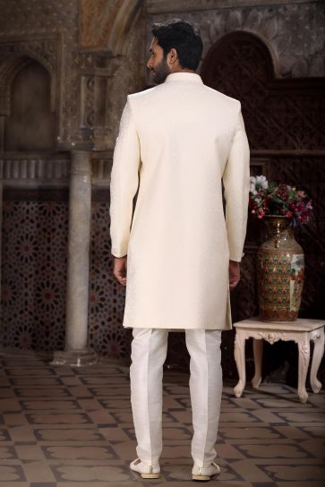 Banarasi Jacquard Fabric Cream Color Riveting Readymade Indo Western For Men
