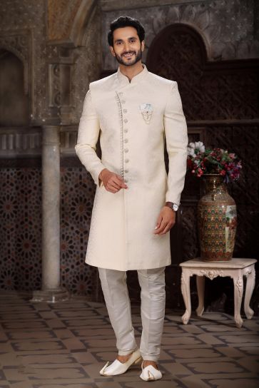Banarasi Jacquard Fabric Cream Color Riveting Readymade Indo Western For Men