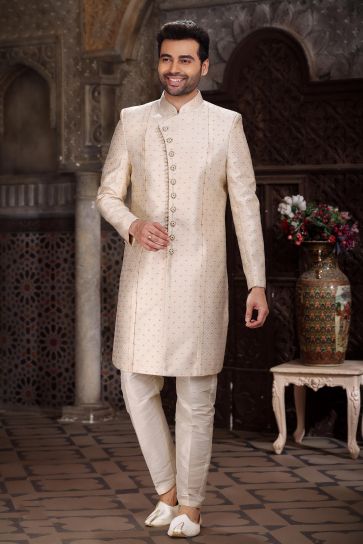 Banarasi Jacquard Fabric Cream Color Excellent Readymade Indo Western For Men