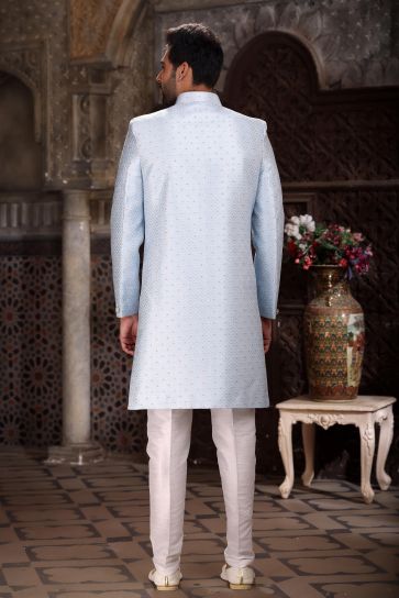 Sky Blue Color Banarasi Jacquard Fabric Attractive Readymade Indo Western For Men