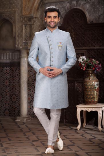 Sky Blue Color Banarasi Jacquard Fabric Attractive Readymade Indo Western For Men