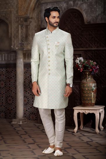 Banarasi Jacquard Fabric Sea Green Color Patterned Readymade Indo Western For Men