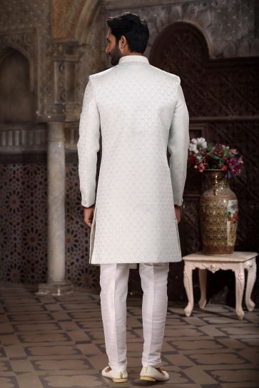 Sky Blue Color Banarasi Jacquard Fabric Engaging Readymade Indo Western For Men