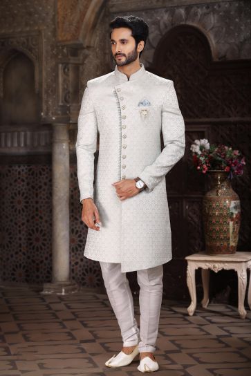 Sky Blue Color Banarasi Jacquard Fabric Engaging Readymade Indo Western For Men