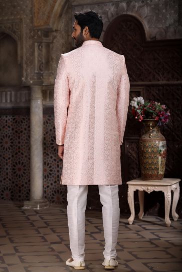 Pink Color Trendy Readymade Indo Western For Men In Banarasi Jacquard Fabric