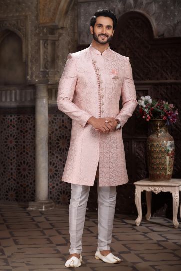 Pink Color Trendy Readymade Indo Western For Men In Banarasi Jacquard Fabric
