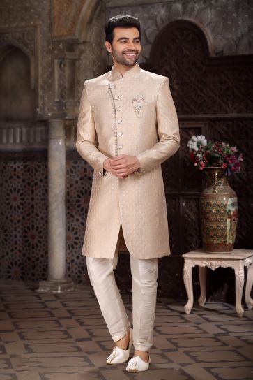Creative Beige Color Banarasi Jacquard Fabric Readymade Indo Western For Men