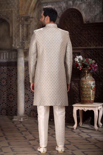 Excellent Banarasi Jacquard Fabric Dark Beige Color Readymade Indo Western For Men